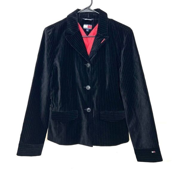 Tommy Hilfiger Vintage Y2K Black Velvet Pin Striped Blazer Jacket Size L - Picture 1 of 13